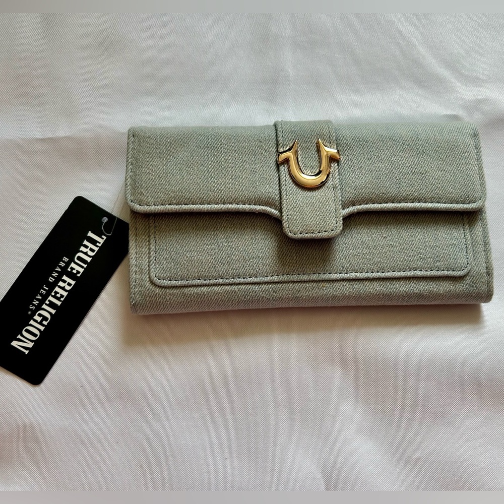 True Religion Denim Wallet w/ Horseshoe Emblem Large w/ Pockets & Snap Closure